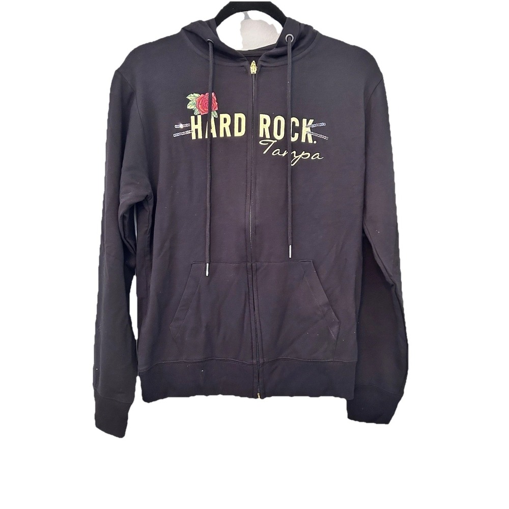 Hard Rock Cafe Tampa, FL. Black Zipper Hoodie with Rose Embroidery Size L NWT